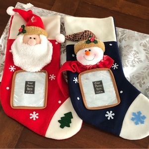 X-MAS vintage photo stocking, set of 2, Santa/Snowman, pictures go inside